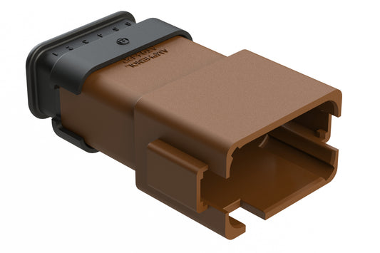 AT04-12PD-SR2BR 12 position Pin receptacle key position D, with strain relief & Reduced Diameter Seal, brown. DT04-12PD-CE04