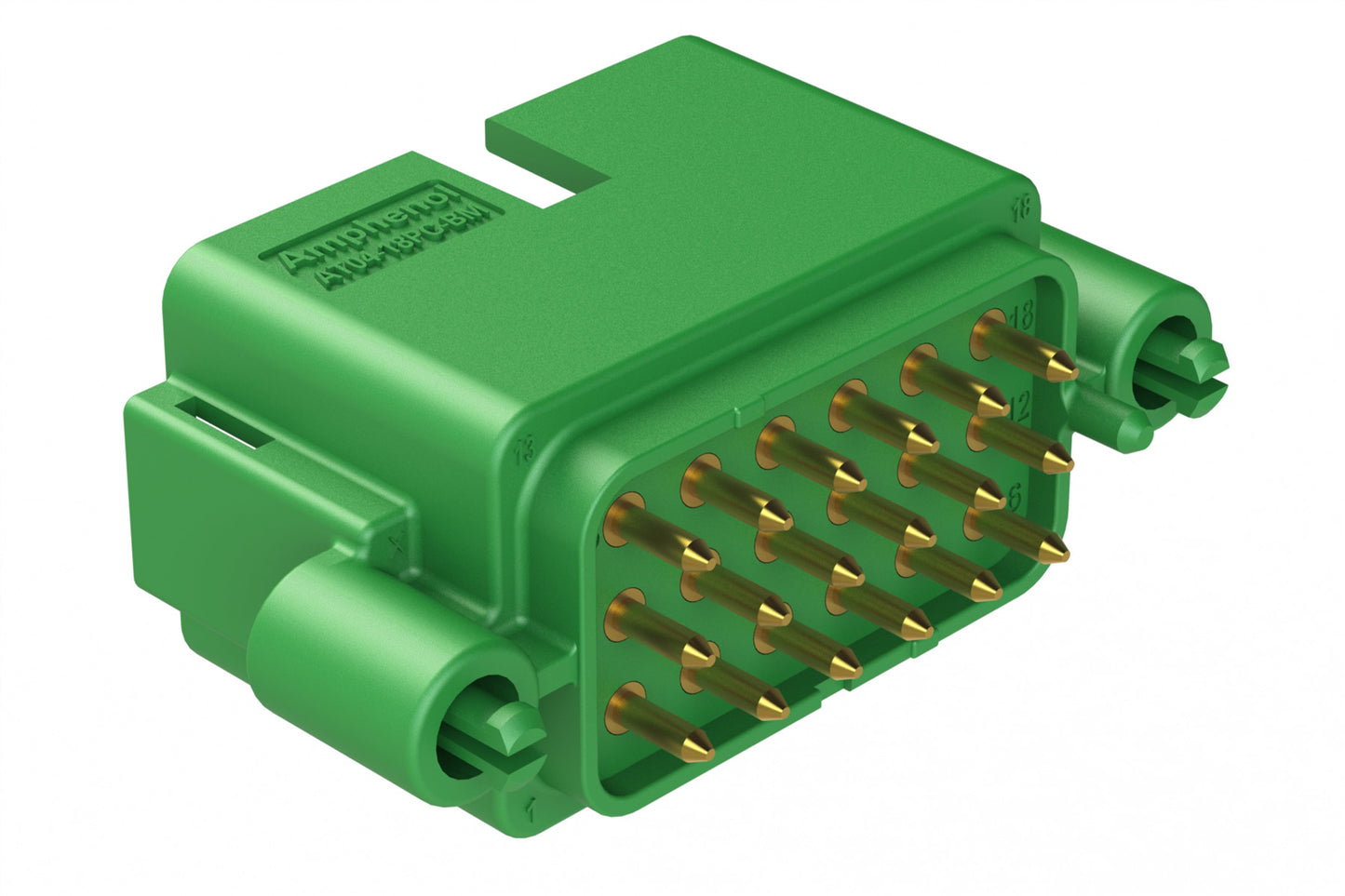AT04-18PC-BM01 18 Position PCB Board Mount Receptacle, Straight, Gold Plated Contacts, Snap-Fit, Keyed C, Green