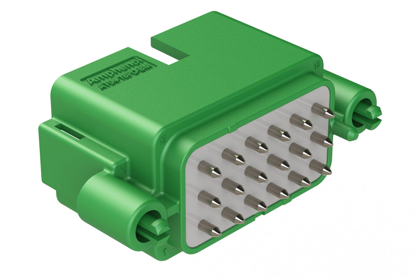 AT04-18PC-BM04 18 Position PCB Board Mount Receptacle, Straight, Nickel Plated Contacts, Snap-Fit, Potted, Keyed C, Green