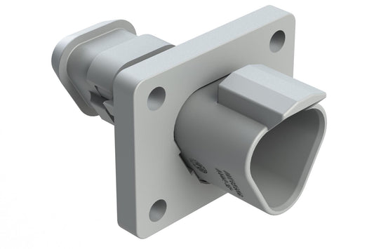 AT04-3P-LE08 3 Position Receptacle Flange Mount Connector, Pin, Grey, with Strain Relief End Cap. DT04-3P-LE08
