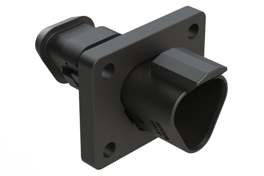 AT04-3P-LE12 3 Position Receptacle Flange Mount Connector, Pin, Black, with Strain Relief End Cap. DT04-3P-LE12