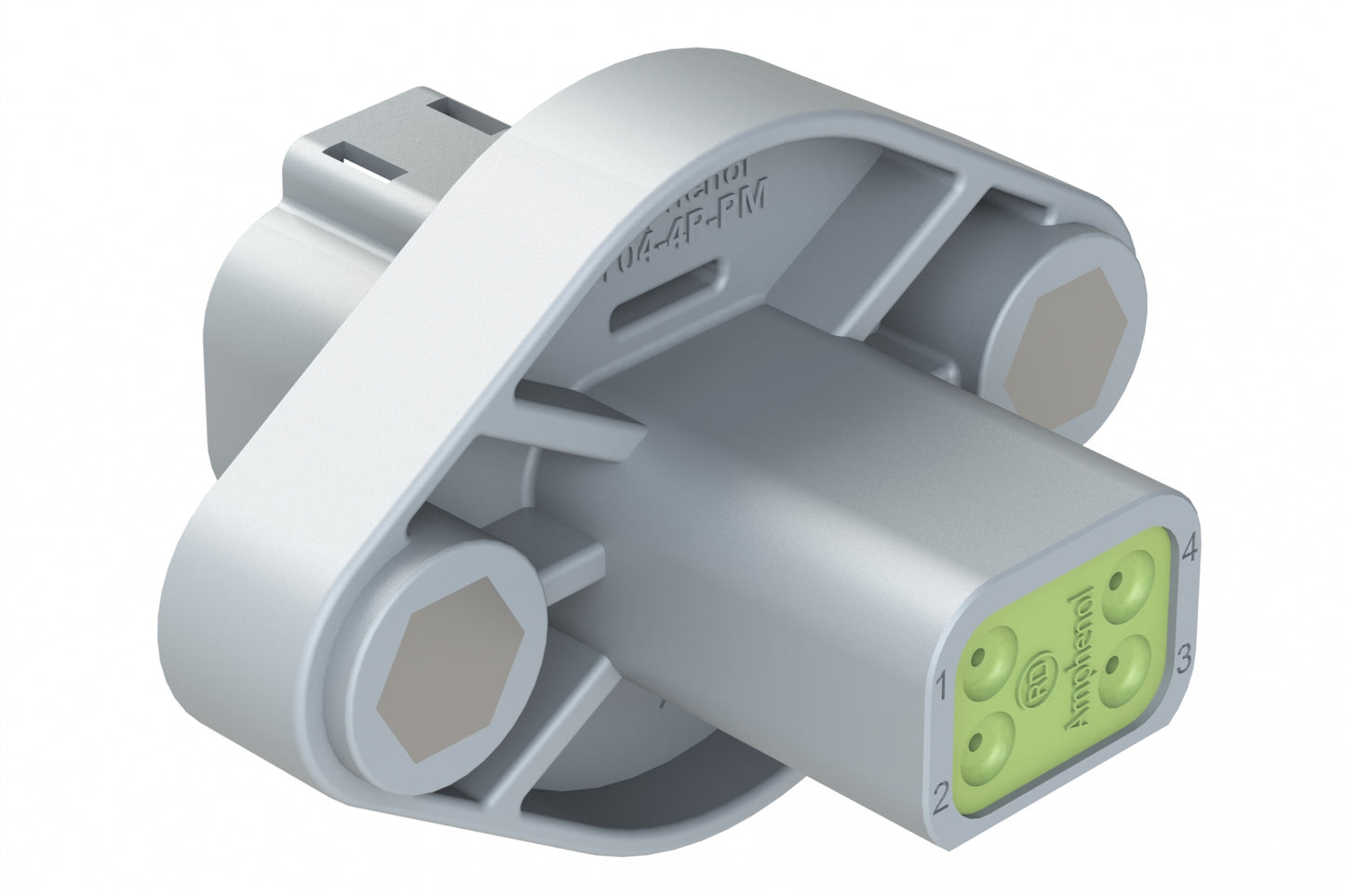 AT04-4P-PM06 4 Position Panel Mount Receptacle with Flange, Pin, Self-Threading, Integrated Latch, Gasket, Reduced Diameter Rear Seal, Grey