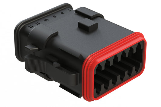 AT06-12SB-SR2BK 12-Way Plug, Female Connector with B Position Key and Reduced Diameter Seal, Strain Relief Endcap, Black. DT06-12SB-CE13, DT06-12SB-CE04