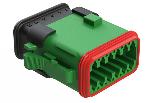 AT06-12SC-SR2GN 12-Way Plug, Female Connector with C Position Key and Reduced Diameter Seal, Strain Relief Endcap, Green. DT06-12SC-CE13, DT06-12SC-CE04