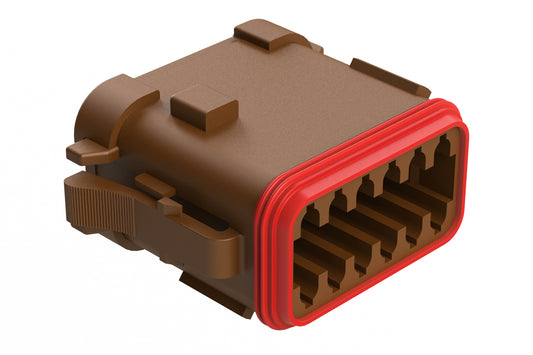 AT06-12SD-MM01 12-Way Plug, Female Connector with D Position Key and Reduced Diameter Seal (E-Seal) and Enhanced Seal Retention (P012), End Cap, Brown. DT06-12SD-CE05