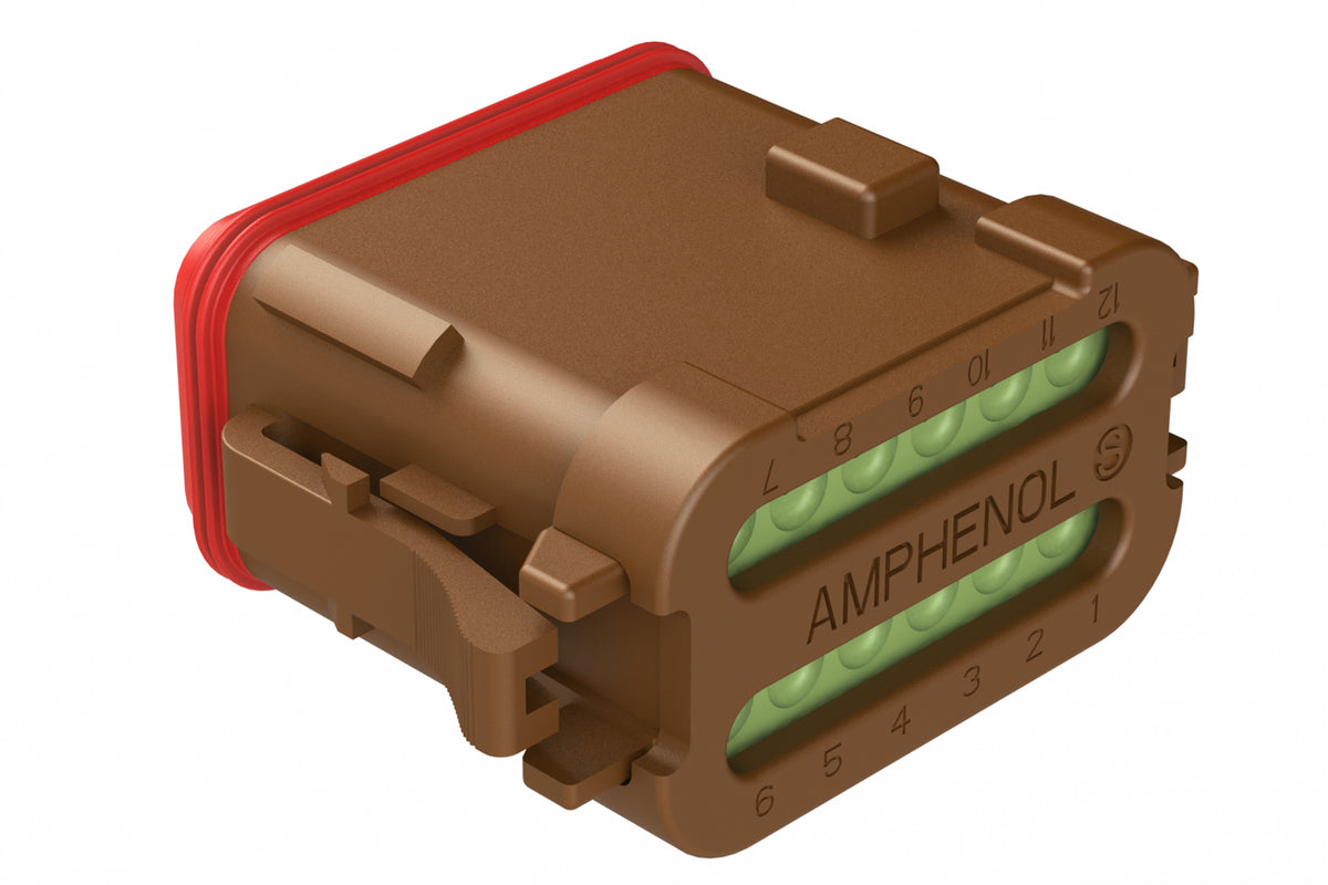 AT06-12SD-MM01 12-Way Plug, Female Connector with D Position Key and Reduced Diameter Seal (E-Seal) and Enhanced Seal Retention (P012), End Cap, Brown. DT06-12SD-CE05