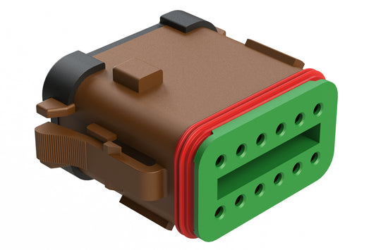 AT06-12SD-SS01 12-Way Plug, Female Connector with D Position Key and Solid Rear Grommet and Endcap, Wedgelock included, Brown. DT06-12SD-C017