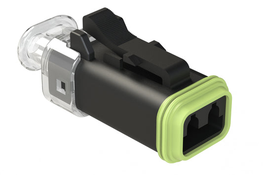 AT06-2S-LED24VR1 2 Position LED Plug, Socket, 24V, RVP Circuit, Reduced Diameter Seal, Clear Endcap, Green LED, Black