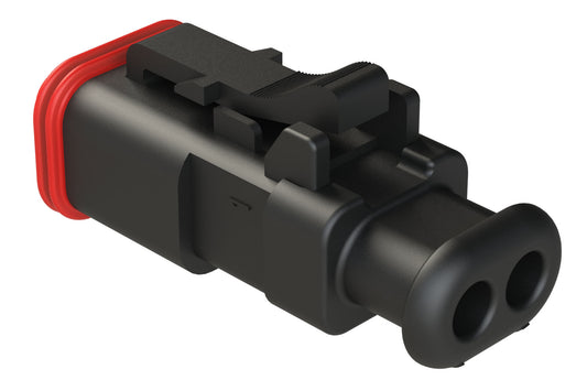 AT06-2S-SR01BLK 2-Way Plug Female Connector with Strain Relief Endcap, Standard Seal, Black. DT06-2S-EP11