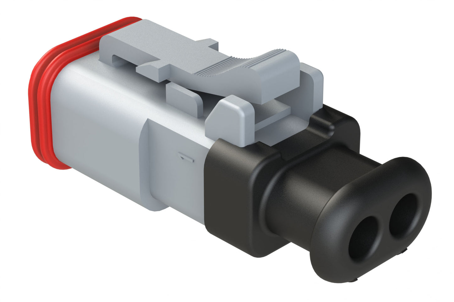 AT06-2S-SR01GRY 2-Way Plug Female Connector with Strain Relief Endcap, Standard Seal, Grey. DT06-2S-E008