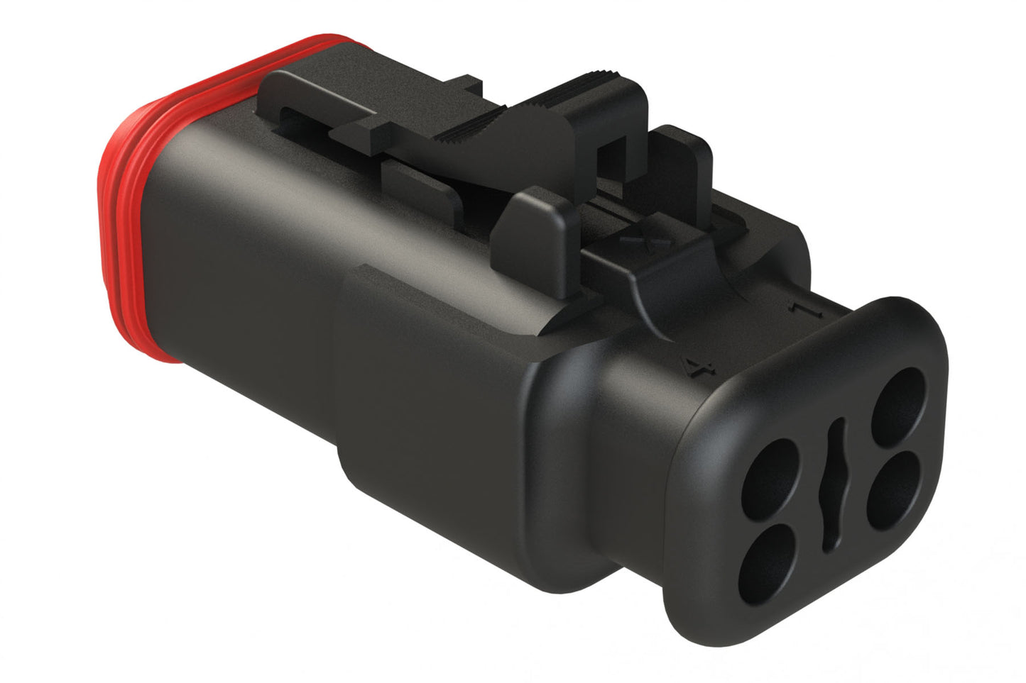 AT06-4S-SR02BLK 4-Way Plug, Female Connector with Reduced Diameter Seal (E-Seal), Strain Relief Endcap, Black. DT06-4S-CE12