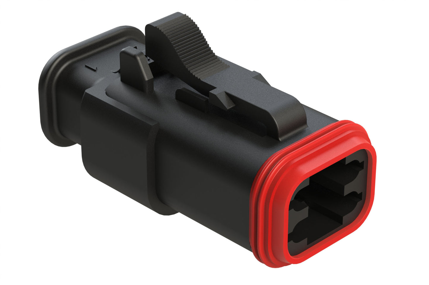 AT06-4S-SR02BLK 4-Way Plug, Female Connector with Reduced Diameter Seal (E-Seal), Strain Relief Endcap, Black. DT06-4S-CE12