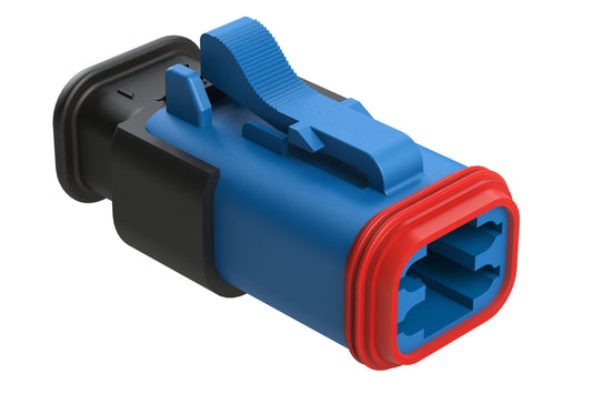 AT06-4S-SR02BLU 4-Way Plug, Female Connector with Reduced Diameter Seal (E-Seal), Strain Relief Endcap, Blue