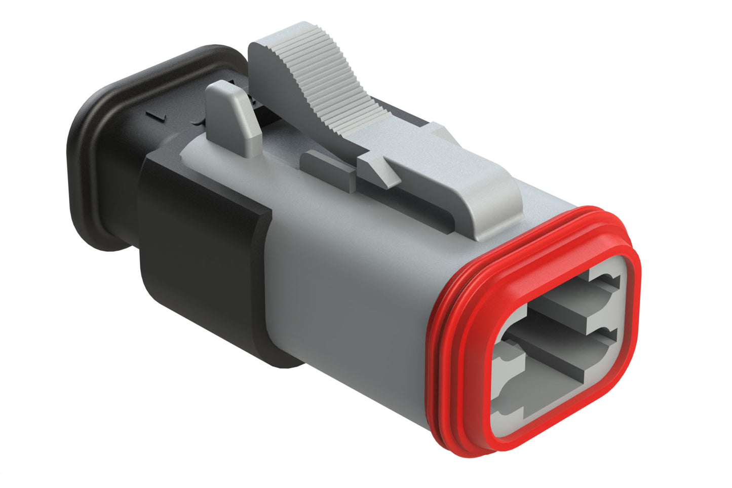 AT06-4S-SR02GRY 4-Way Plug, Female Connector with Reduced Diameter Seal (E-Seal), Strain Relief Endcap, Grey. DT06-4S-CE13