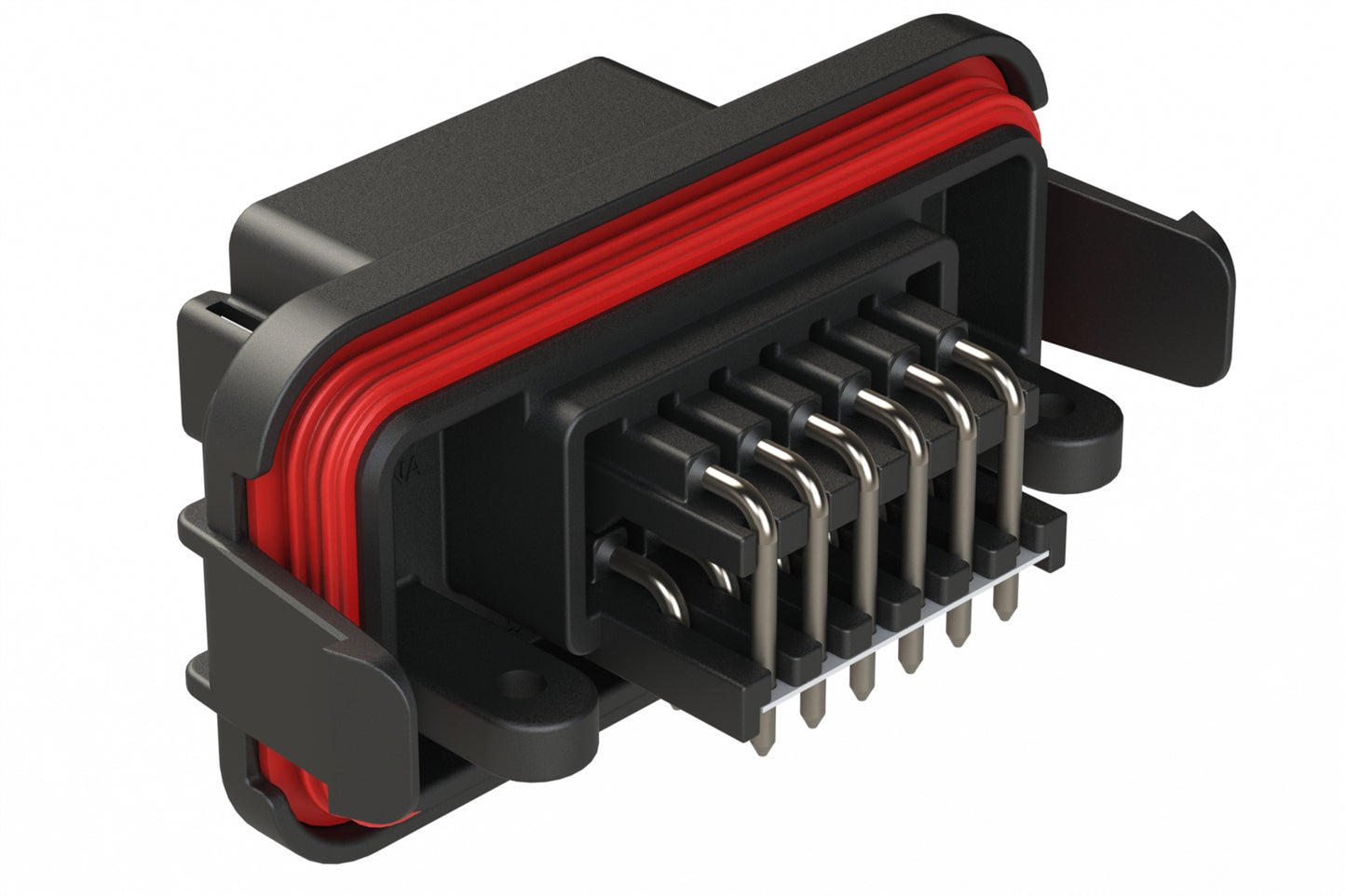 AT13-12PC-SBH03 12 Position PCB Receptacle Header, Flange Mount, Right Angle, Size 16 Pin Contacts, Keyed C, Nickel/Tin Plating, Black.  Use with Armor IPX™ Small Enclosures, AT Connectors