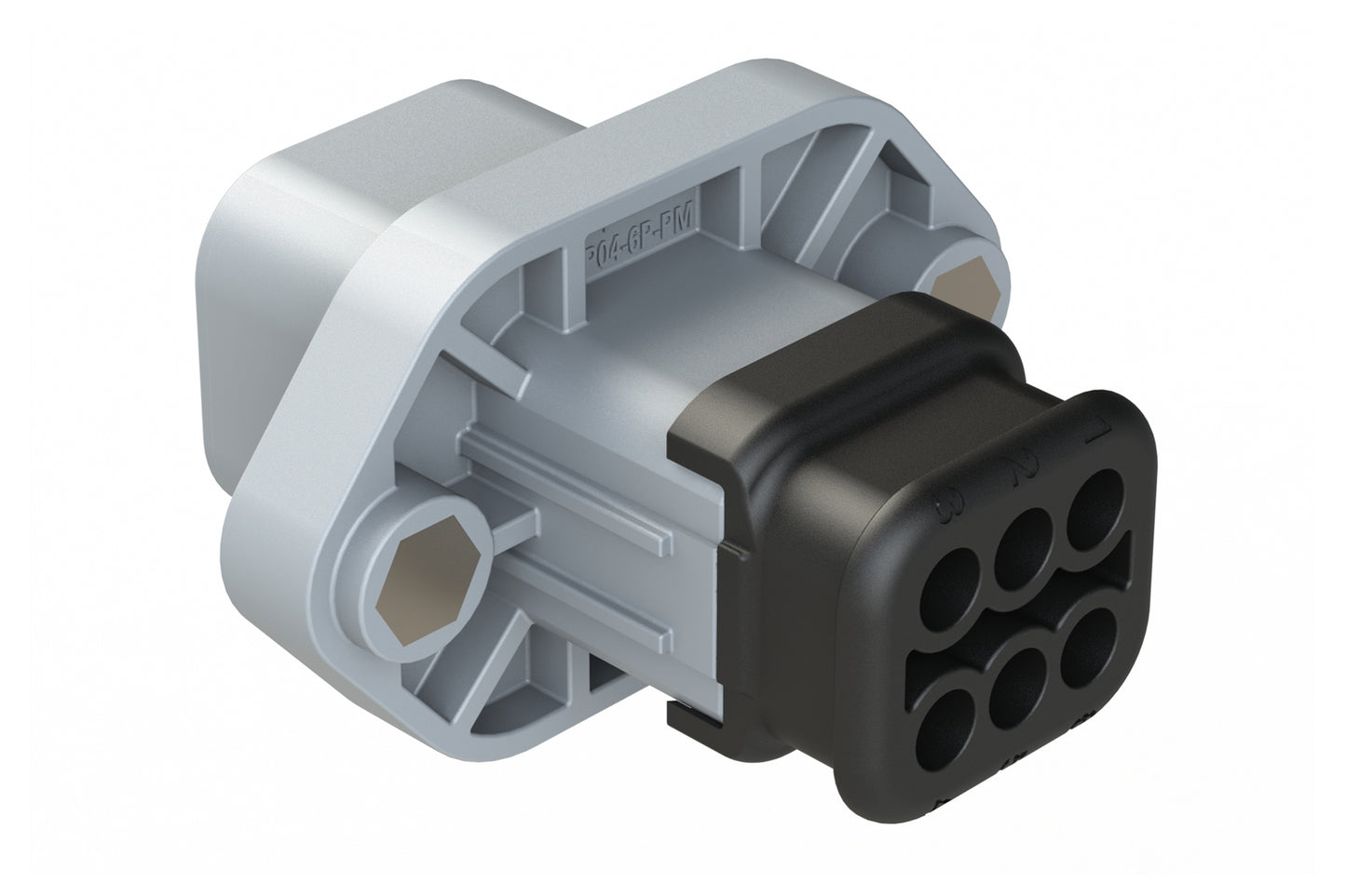 ATP04-6P-PM05SR 6 Position Panel Mount Receptacle with Flange, Pin, with Gasket and Threaded Insert, Endcap, Strain Relief, Standard Seal, Grey