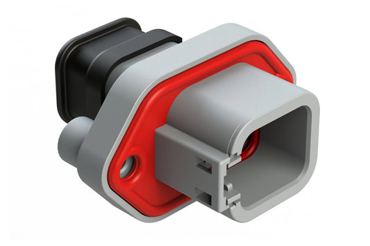 ATP04-6P-PM15 6 Position Panel Mount Receptacle with Flange, Pin, with Gasket, Self Tapping, Strain Relief, Grey