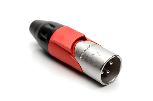 AX3M2M 3 pole Pin (Male) Plug.AX XLR Audio Cable Connector. Satin Nickel, w/ RedMarking Sleeve