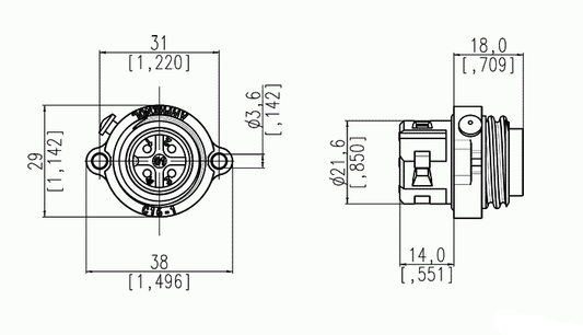 C016 30C006 200 12 6+PE Male receptacle with solder termination. Mounting hole Ø22 without chamfer; suitable sealing for screws is necessary
