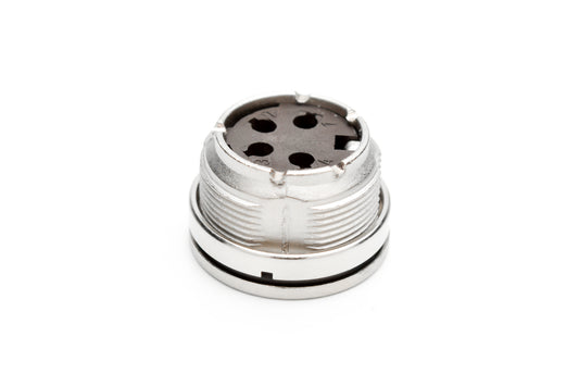 C091 11N004 000 2 Front mounting female metal Connectors with O-ring seal and ring nut mount (hex nut available upon request). Complete EMI shielding in the fully mated and locked position (EMI security). Contacts sold separately.