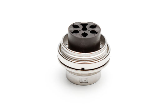 C091 11W005 000 2 Front mounting male metal Connectors with O-ring seal and ring nut mount (hex nut available upon request). Complete EMI shielding in the fully mated and locked position (EMI security). Contacts sold separately.