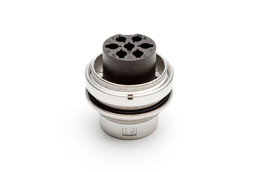 C091 11W007 000 2 Front mounting male metal Connectors with O-ring seal and ring nut mount (hex nut available upon request). Complete EMI shielding in the fully mated and locked position (EMI security). Contacts sold separately.
