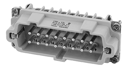 C146 10A016 810 1 16+PE Heavy duty FE/KO male contact insert with wire protection. Comparable Part No. 09330162691