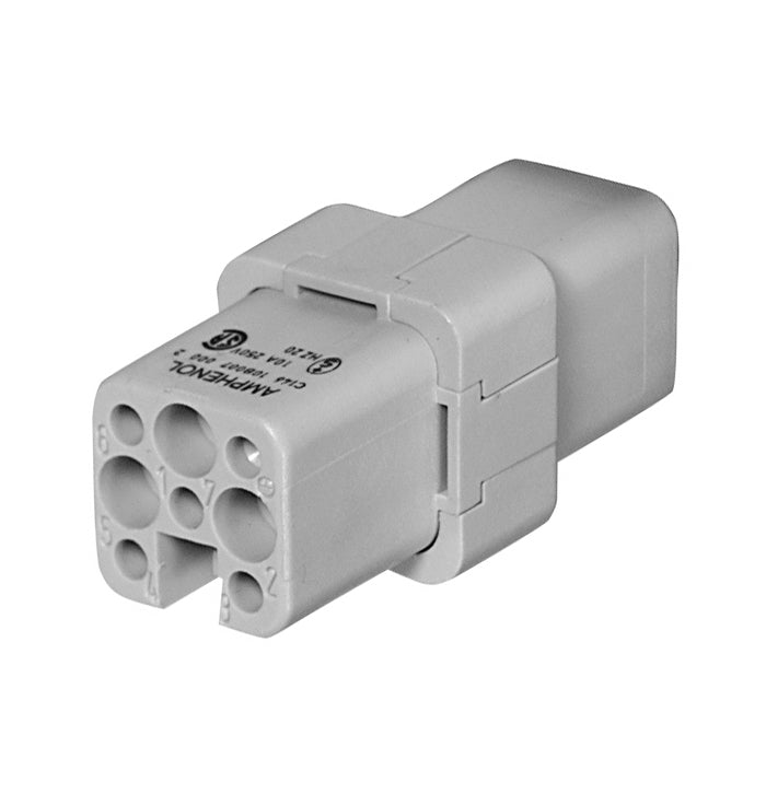 C146 10B007 000 2 7+PE Heavy duty female contact insert for stamped crimp contacts. May be engaged or disengaged when live but without electrical load.