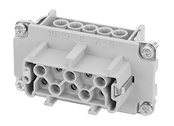 C146 10B010 102 1 10 + PE Heavy duty female contact insert with wire protection for screw termination. Comparable Part No. 09330102701