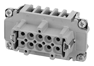 C146 10B010 500 10 10+PE Heavy duty female contact insert for turned crimp contacts. May be engaged or disengaged when live but without electrical load. Comparable Part No. 09320103101