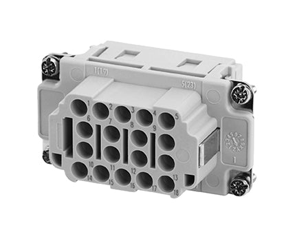 C146 10B018 500 10 18+PE Heavy duty female contact insert for turned crimp contacts. May be engaged or disengaged when live but without electrical load. Comparable Part No. 09320183101