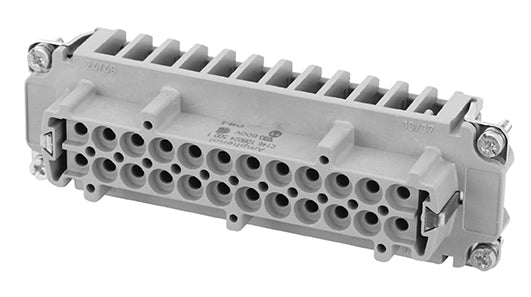 C146 10B024 500 1 24+PE Heavy duty female contact insert for turned crimp contacts. May be engaged or disengaged when live but without electrical load. Comparable Part No. 09330242702