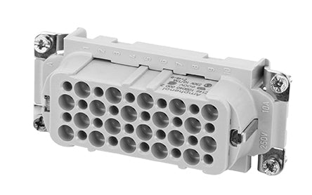 C146 10B040 500 2 40+PE Heavy duty female contact insert for turned crimp contacts. May be engaged or disengaged when live but without electrical load. Comparable Part No. 09210403101