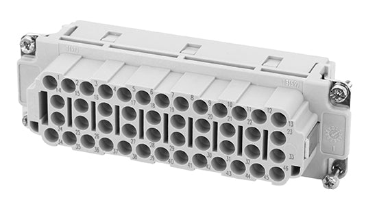 C146 10B046 500 10 46+PE Heavy duty female contact insert for turned crimp contacts. May be engaged or disengaged when live but without electrical load. Comparable Part No. 09320463101