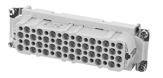 C146 10B064 000 2 64+PE Heavy duty female contact insert for stamped crimp contacts. May be engaged or disengaged when live but without electrical load.