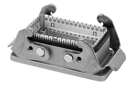 C146 11F010 902 8 Version B housing with bulkhead mounting. Standard flange with ground strap. Conductive surface with standard locking levers. High attenuation. Same dimensions as standard housings. Comparable Part No. 09628100301