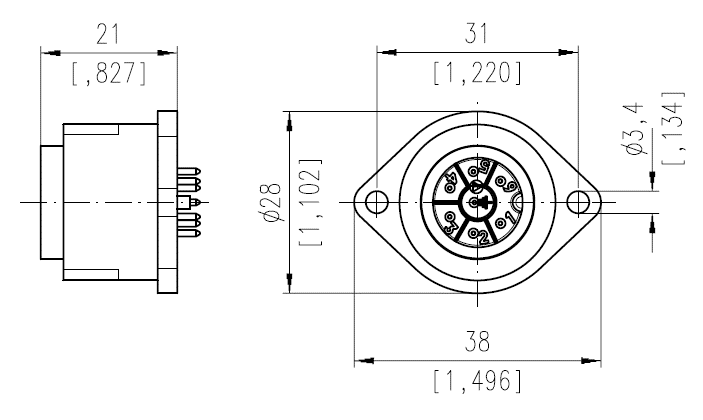 T 3106 010 6+ PE male receptacle, straight dip solder, black