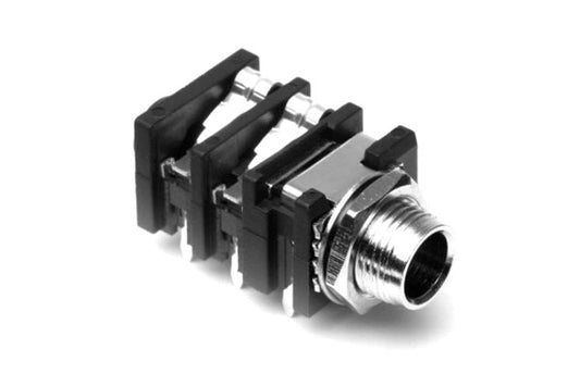 ACJS-MHOM 1/4" Phone Offset Jack, Stereo, Horizontal PCB,Metal Nut,Thread & Washer, Chassis Ground Connection. Comparable part no: NRJ6HM-1-PRE