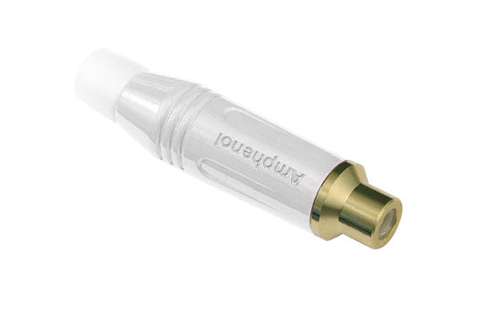ACJR-WHTRCA Female Cable Connector, Gold Plated Contacts, Diecast Shell, Satin Finish, White Grommet