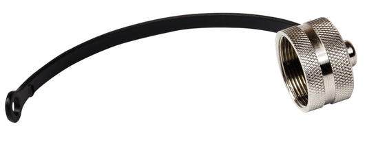 C091 00U000 131 2 Protective cap with 100mm plastic leash. Brass nickel plated. For use with male receptacles.