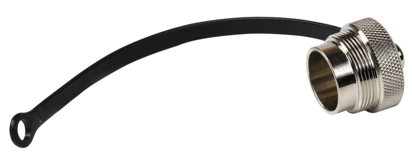C091 00V000 131 2 Protective cap with 100mm plastic leash. Brass nickel plated. For use with female receptacles.